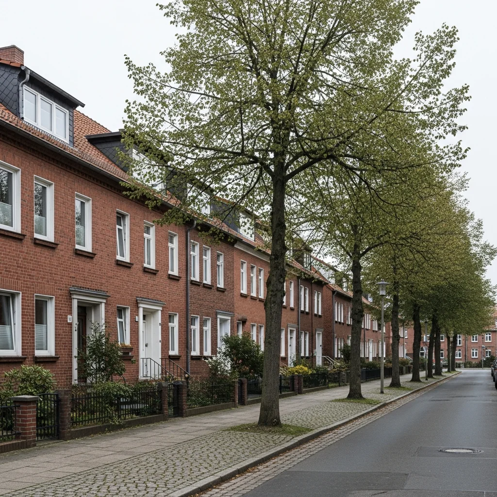 Wohnstraße im Nordwesten Hannovers mit Backsteinhäusern und Linden